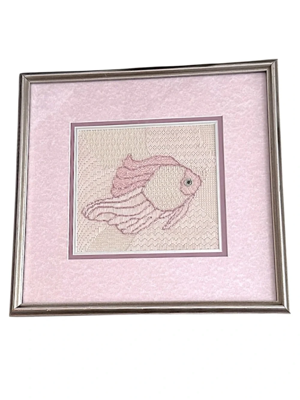 Vintage Pink Fish Needlepoint Embroidery Framed Textile Fiber Art Coastal 12”